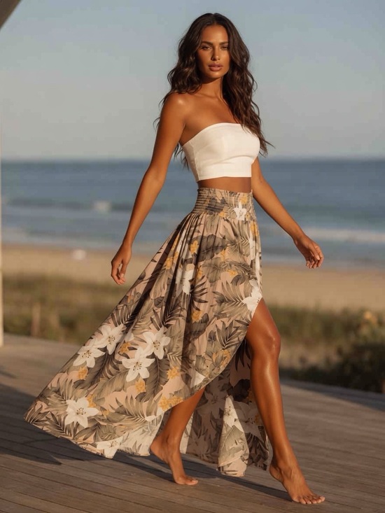 Suzy Shier Dresses & Skirts - Suzy Shier Boho Chic Floral Maxi Skirt 100% Rayon Festival Ocean Slit S Flowy